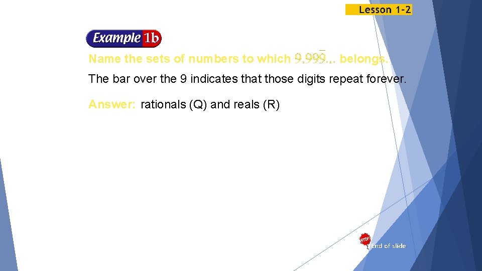 Name the sets of numbers to which belongs. The bar over the 9 indicates