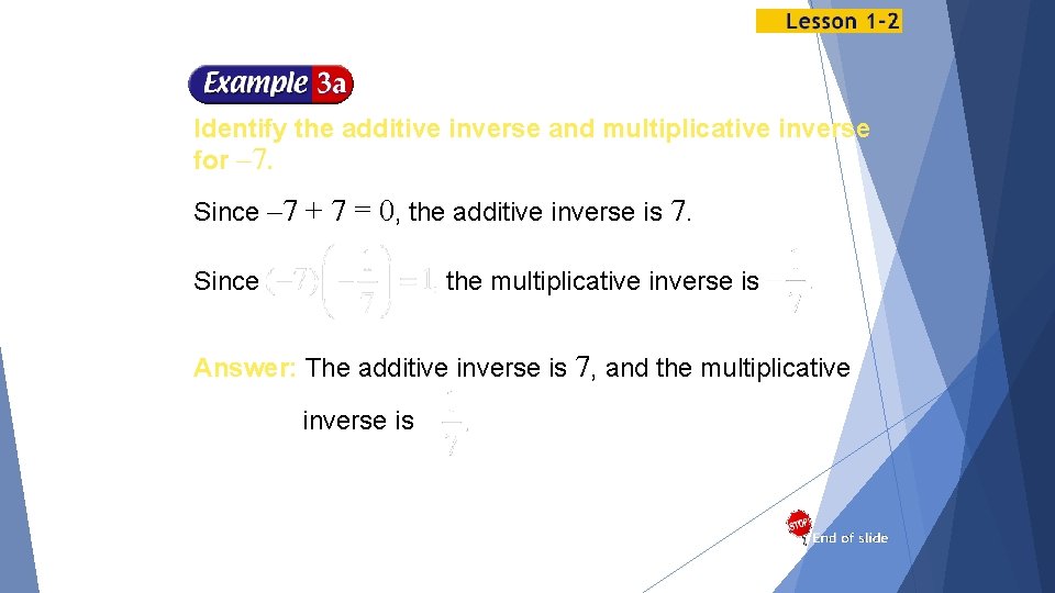 Identify the additive inverse and multiplicative inverse for – 7. Since – 7 +