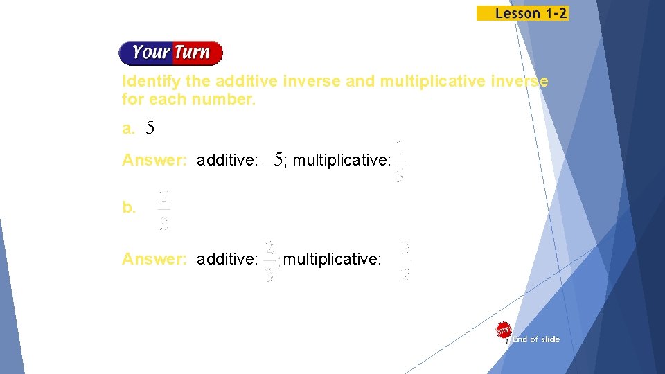 Identify the additive inverse and multiplicative inverse for each number. a. 5 Answer: additive: