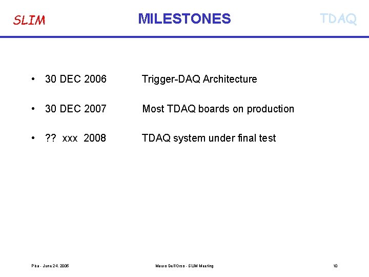 SLIM MILESTONES • 30 DEC 2006 Trigger-DAQ Architecture • 30 DEC 2007 Most TDAQ