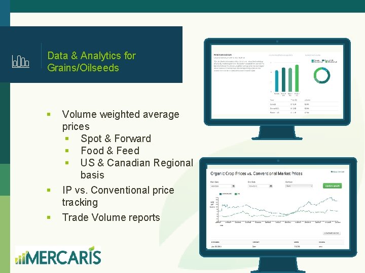 Data & Analytics for Grains/Oilseeds § § § Volume weighted average prices § Spot