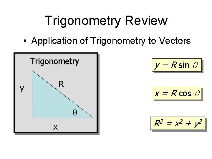 Trigonometry Review • Application of Trigonometry to Vectors Trigonometry R y x = R