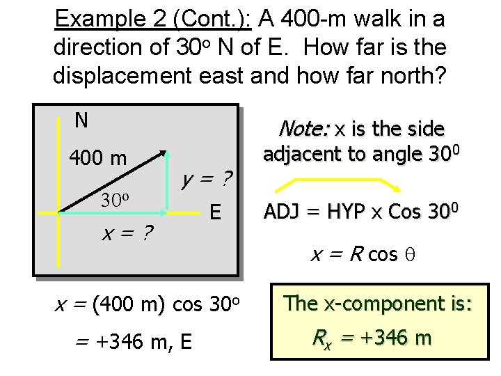 Example 2 (Cont. ): A 400 -m walk in a direction of 30 o