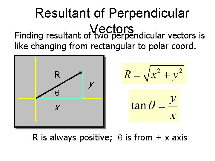 Resultant of Perpendicular Vectors Finding resultant of two perpendicular vectors is like changing from