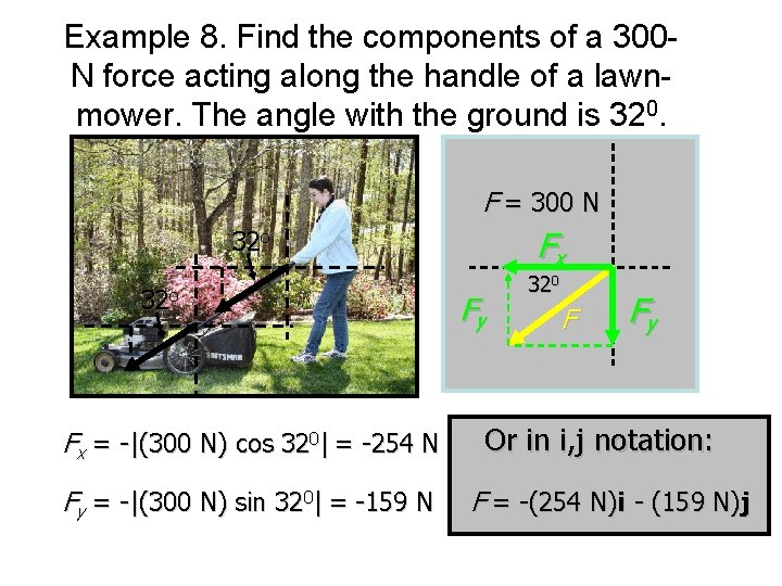 Example 8. Find the components of a 300 N force acting along the handle