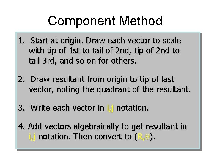 Component Method 1. Start at origin. Draw each vector to scale with tip of