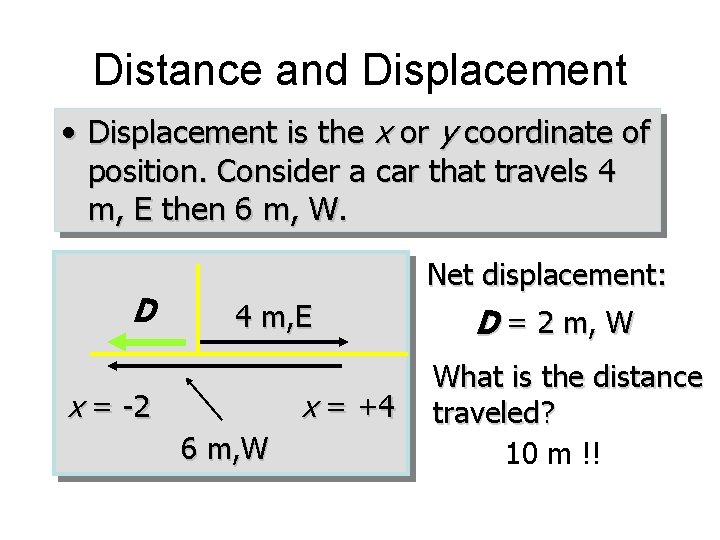 Distance and Displacement • Displacement is the x or y coordinate of position. Consider