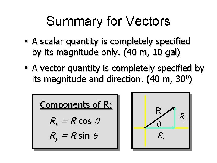 Summary for Vectors § A scalar quantity is completely specified by its magnitude only.