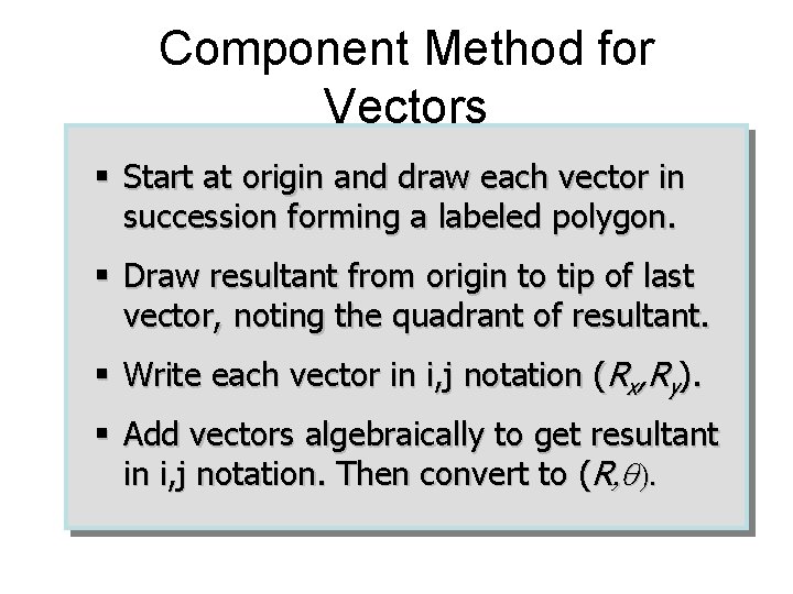 Component Method for Vectors § Start at origin and draw each vector in succession