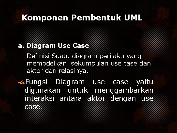 Komponen Pembentuk UML a. Diagram Use Case Definisi Suatu diagram perilaku yang memodelkan sekumpulan