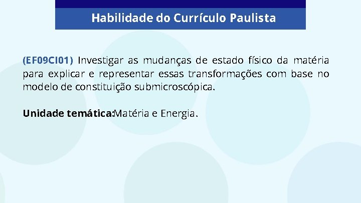 Habilidade do Currículo Paulista (EF 09 CI 01) Investigar as mudanças de estado físico