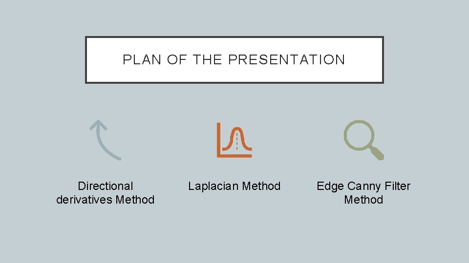 PLAN OF THE PRESENTATION Directional derivatives Method Laplacian Method Edge Canny Filter Method 