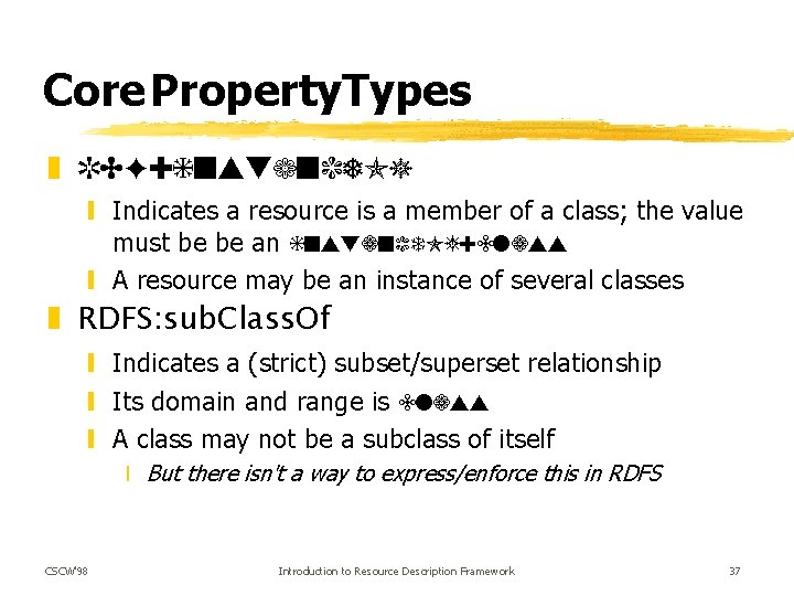 Core Property. Types z RDF: instance. Of y Indicates a resource is a member