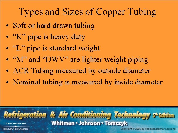 Types and Sizes of Copper Tubing • • • Soft or hard drawn tubing