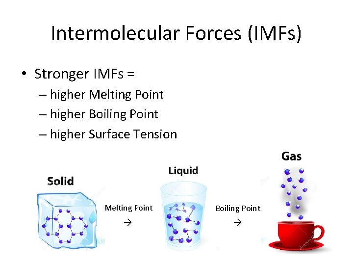 Intermolecular Forces (IMFs) • Stronger IMFs = – higher Melting Point – higher Boiling