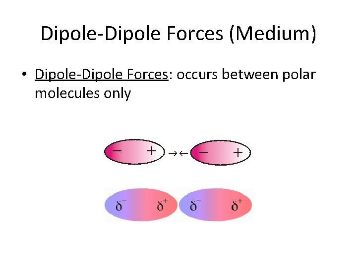 Dipole-Dipole Forces (Medium) • Dipole-Dipole Forces: occurs between polar molecules only 