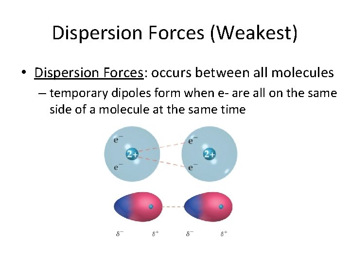 Dispersion Forces (Weakest) • Dispersion Forces: occurs between all molecules – temporary dipoles form