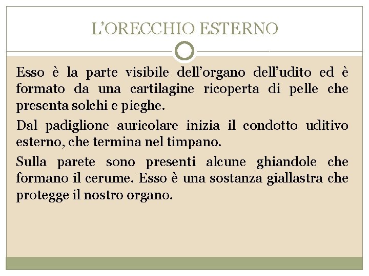 L’ORECCHIO ESTERNO Esso è la parte visibile dell’organo dell’udito ed è formato da una