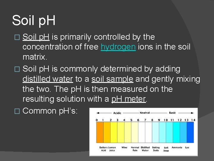 Soil p. H is primarily controlled by the concentration of free hydrogen ions in