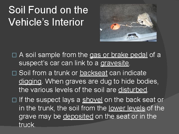 Soil Found on the Vehicle’s Interior A soil sample from the gas or brake