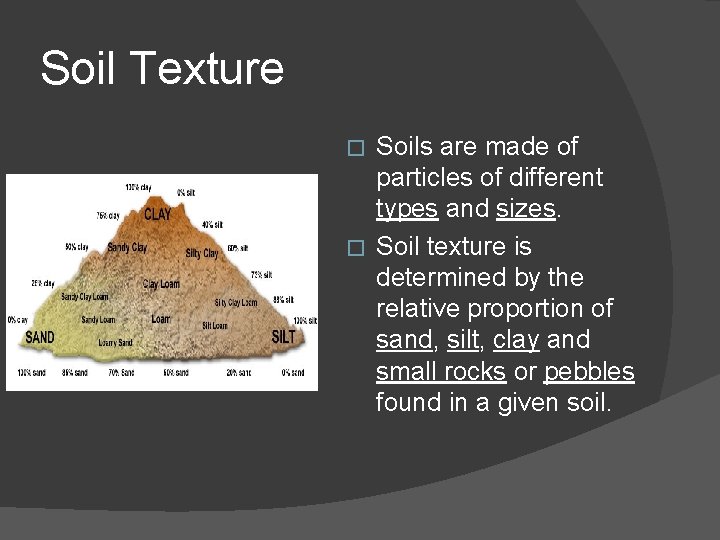 Soil Texture Soils are made of particles of different types and sizes. � Soil