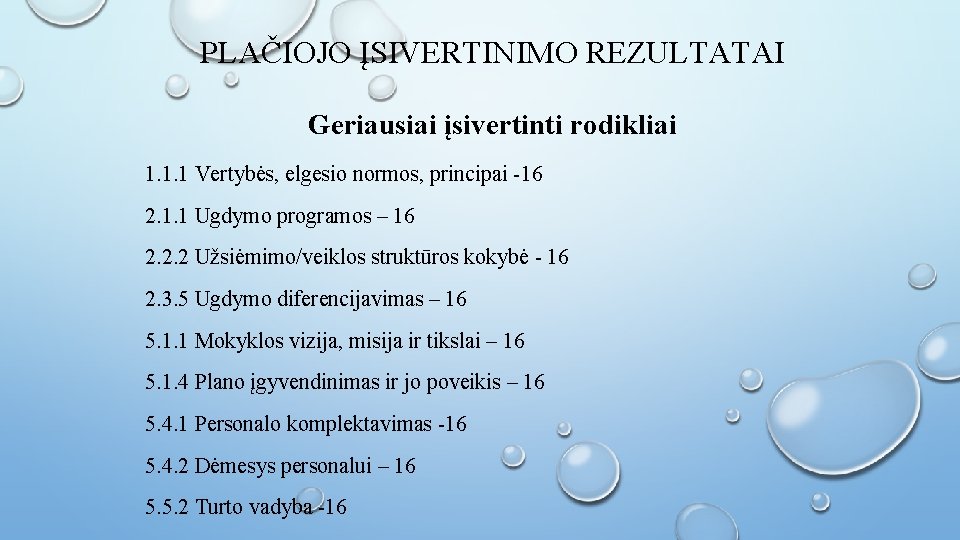 PLAČIOJO ĮSIVERTINIMO REZULTATAI Geriausiai įsivertinti rodikliai 1. 1. 1 Vertybės, elgesio normos, principai -16