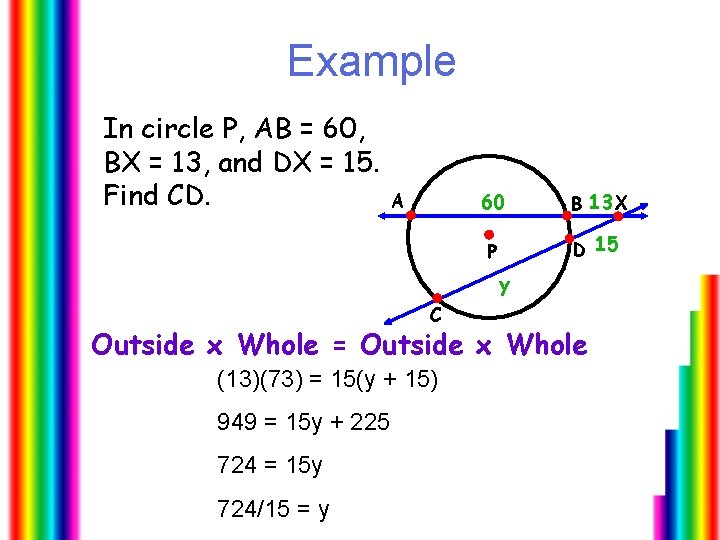 Example In circle P, AB = 60, BX = 13, and DX = 15.