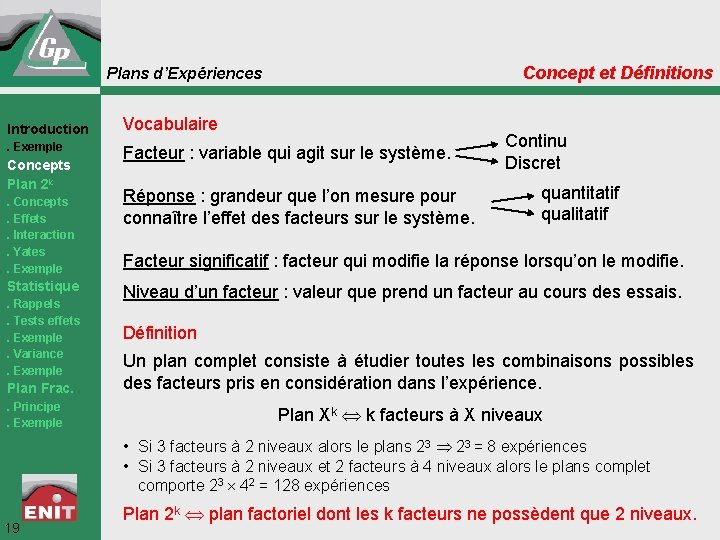 Concept et Définitions Plans d’Expériences Introduction Vocabulaire . Exemple Facteur : variable qui agit