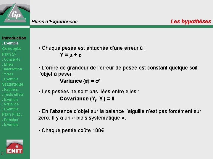 Plans d’Expériences Les hypothèses Introduction. Exemple Concepts Plan 2 k. Concepts. Effets. Interaction. Yates.