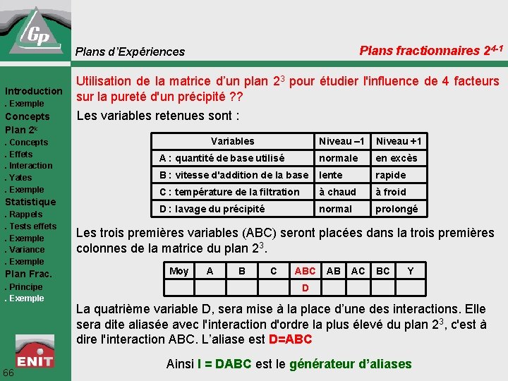 Plans fractionnaires 24 -1 Plans d’Expériences Introduction. Exemple Concepts Plan 2 k. Concepts. Effets.