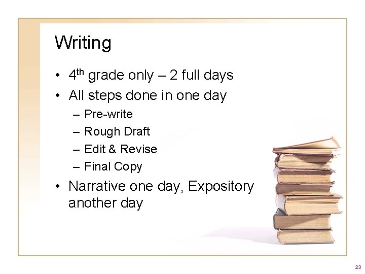 Writing • 4 th grade only – 2 full days • All steps done