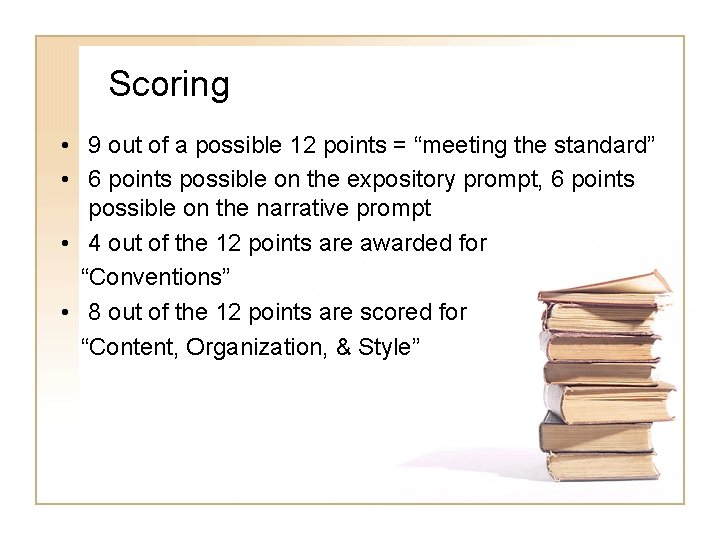 Scoring • 9 out of a possible 12 points = “meeting the standard” •
