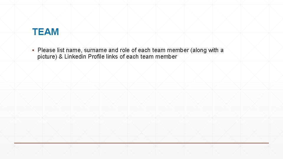TEAM ▪ Please list name, surname and role of each team member (along with