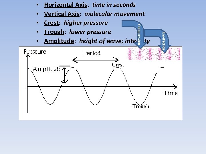 Crest Trough Rarefaction Horizontal Axis: time in seconds Vertical Axis: molecular movement Crest: higher