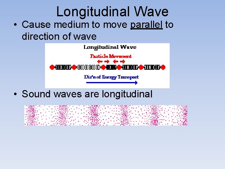 Longitudinal Wave • Cause medium to move parallel to direction of wave • Sound