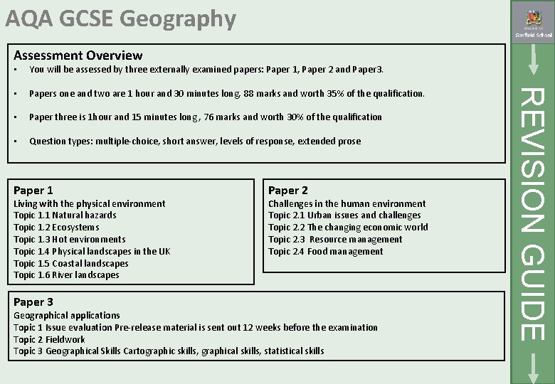 AQA GCSE Geography Assessment Overview You will be assessed by three externally examined papers: