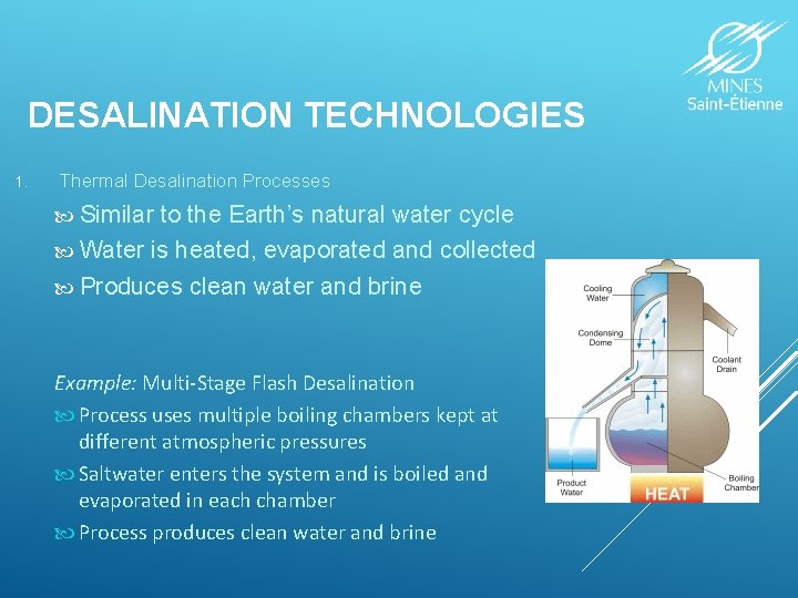 DESALINATION TECHNOLOGIES 1. Thermal Desalination Processes Similar to the Earth’s natural water cycle Water