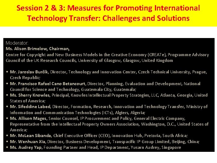 Session 2 & 3: Measures for Promoting International Technology Transfer: Challenges and Solutions Moderator: