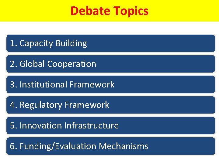 Debate Topics 1. Capacity Building 2. Global Cooperation 3. Institutional Framework 4. Regulatory Framework