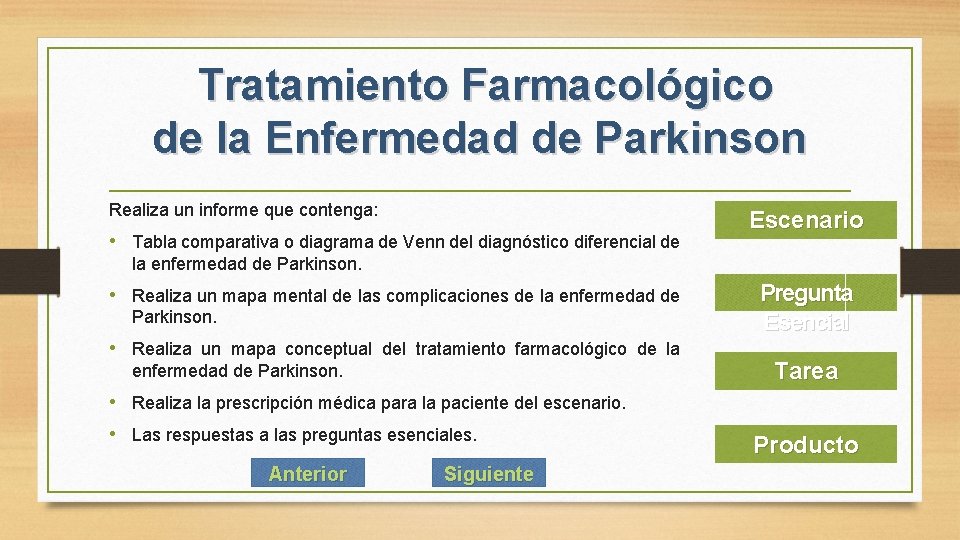 Tratamiento Farmacológico de la Enfermedad de Parkinson Realiza un informe que contenga: • Tabla Tratamiento Farmacológico de la Enfermedad de Parkinson Realiza un informe que contenga: • Tabla