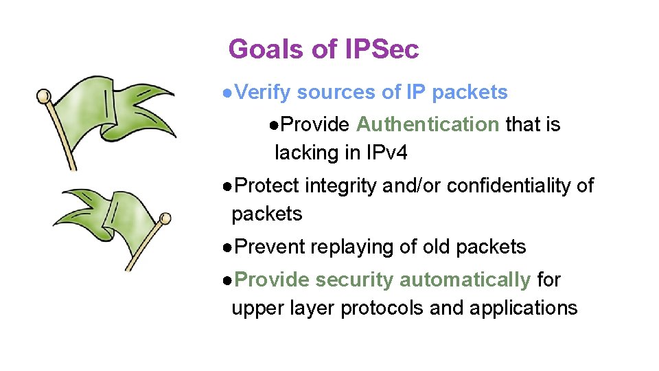 Goals of IPSec ●Verify sources of IP packets ●Provide Authentication that is lacking in