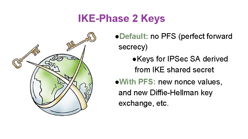 IKE-Phase 2 Keys ●Default: no PFS (perfect forward secrecy) ●Keys for IPSec SA derived