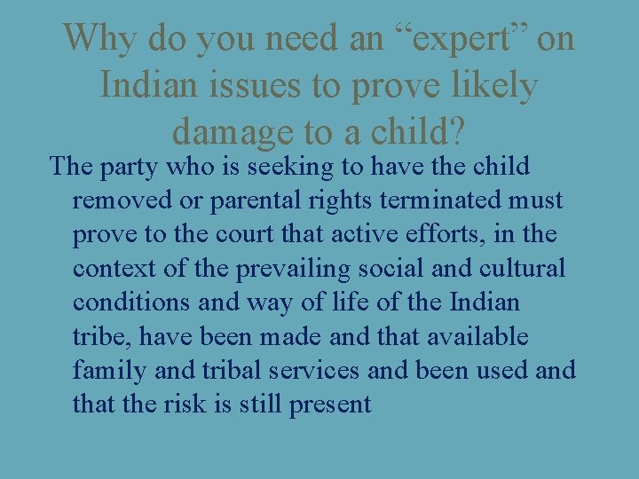 Why do you need an “expert” on Indian issues to prove likely damage to