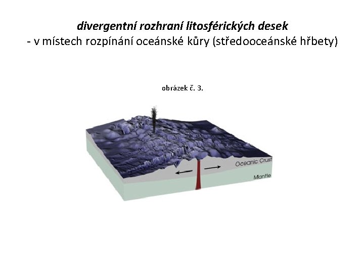 divergentní rozhraní litosférických desek - v místech rozpínání oceánské kůry (středooceánské hřbety) obrázek č.