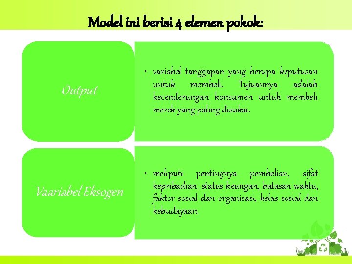 Model ini berisi 4 elemen pokok: Output • variabel tanggapan yang berupa keputusan untuk