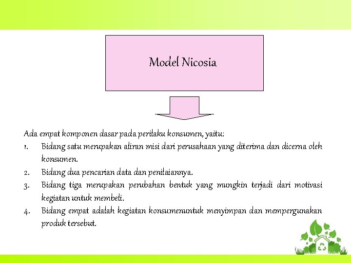 Model Nicosia Ada empat komponen dasar pada perilaku konsumen, yaitu: 1. Bidang satu merupakan