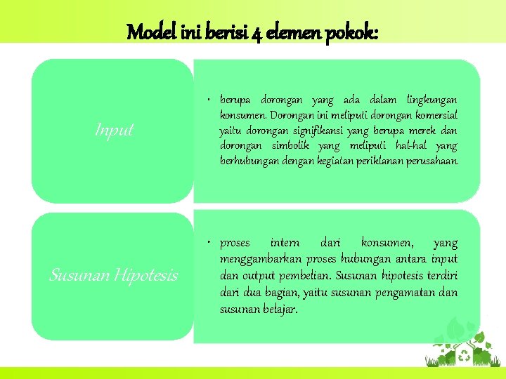 Model ini berisi 4 elemen pokok: Input • berupa dorongan yang ada dalam lingkungan