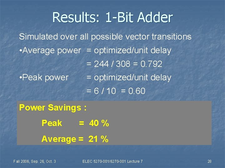 Results: 1 -Bit Adder Simulated over all possible vector transitions • Average power =