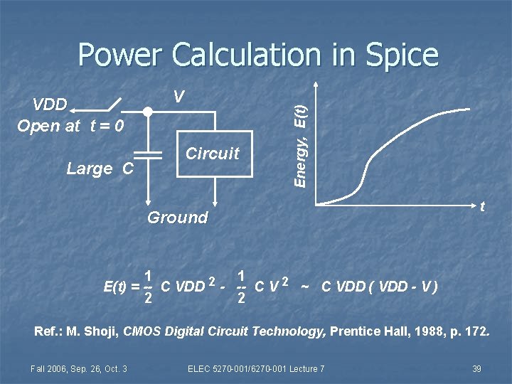 VDD Open at t = 0 Large C V Circuit Energy, E(t) Power Calculation