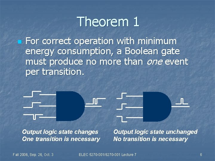 Theorem 1 n For correct operation with minimum energy consumption, a Boolean gate must